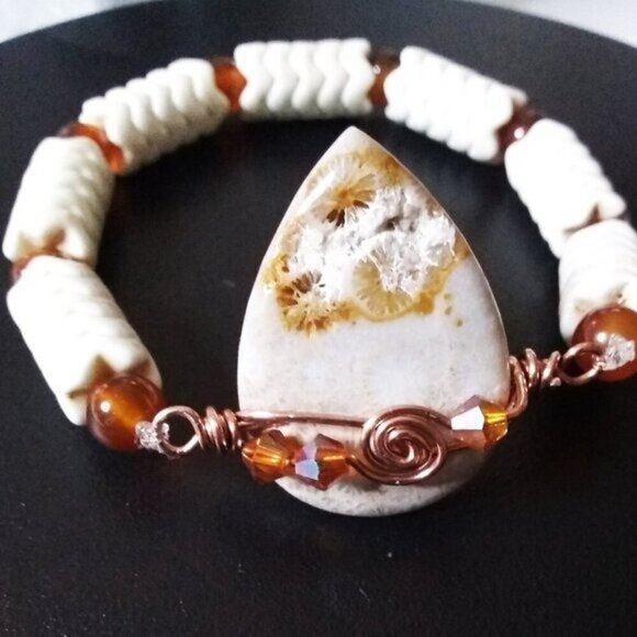 Rustic!!! Wire Wrapped Fossilized Coral Rock Teardrop Focal + Orange Agate Beads - Picture 10 of 12